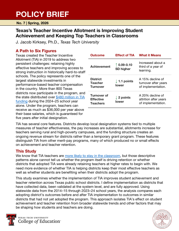 Policy Brief No. 7 cover: Texas's Teacher Incentive Allotment