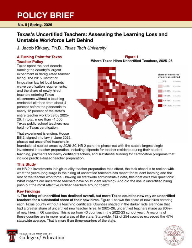 Policy Brief No. 8 cover: Texas's Uncertified Teachers